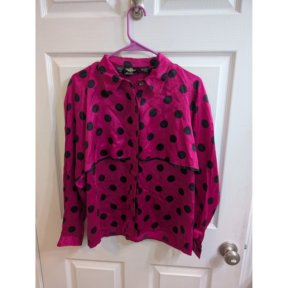 Olga Cassini Vintage Hot Pink Black Polka Dot Silk Blouse Shirt Women's - Size 8